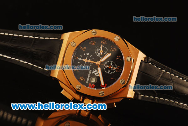 Audemars Piguet Shaquille O Neal Swiss Valjoux 7750 Automatic Rose Gold Case with Black Dial and Black Leather Strap - Click Image to Close